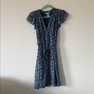 Blue flowered sun dress with tie belt